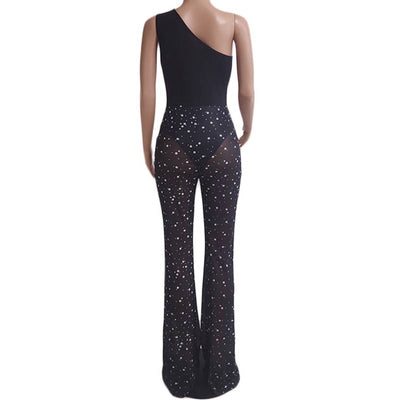 Dot Print One Shoulder Sleeveless Sheer Mesh Jumpsuit