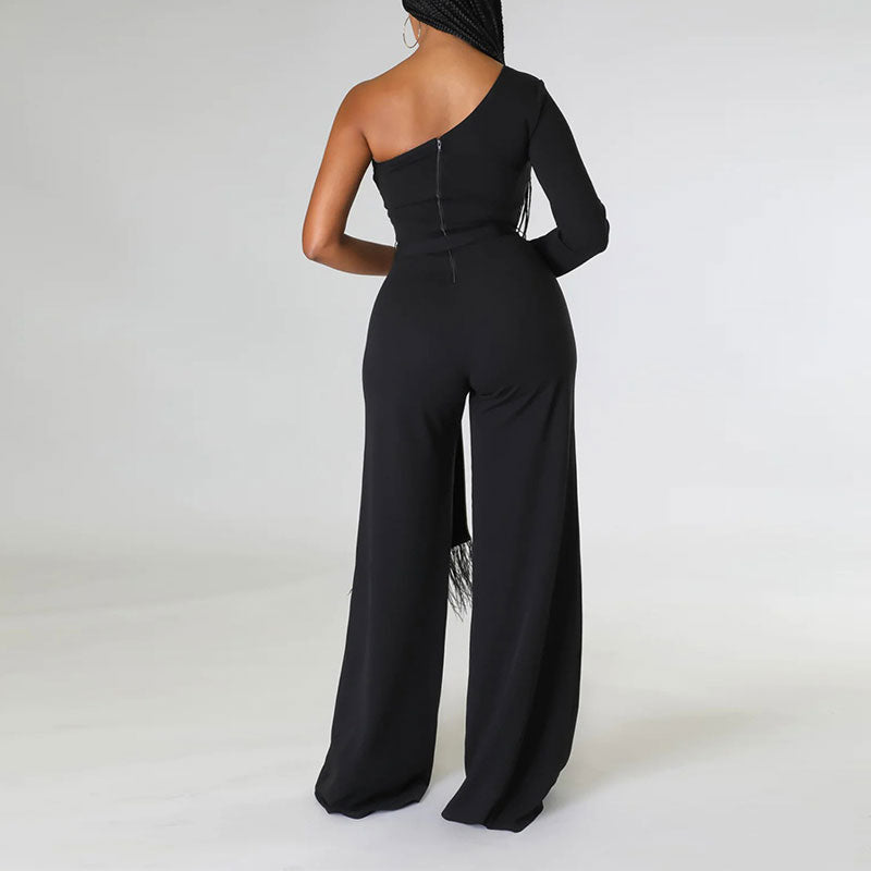 Solid One Shoulder Feather Design Belted Jumpsuit