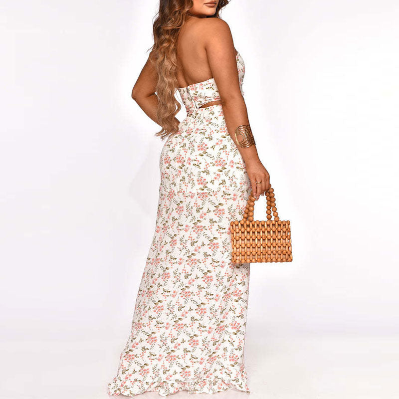 Floral Print Off Shoulder Tube Top & Slit Skirt Set