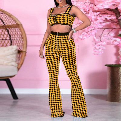 Houndstooth Zipper Design Sling Sleeveless Top & Flared Pants Set