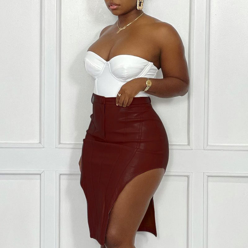 Solid PU Leather High Slit Skirt