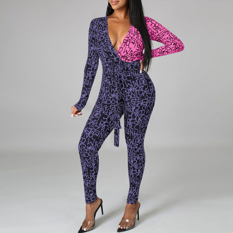 Colorblock Deep V-Neck Long Sleeve Jumpsuit