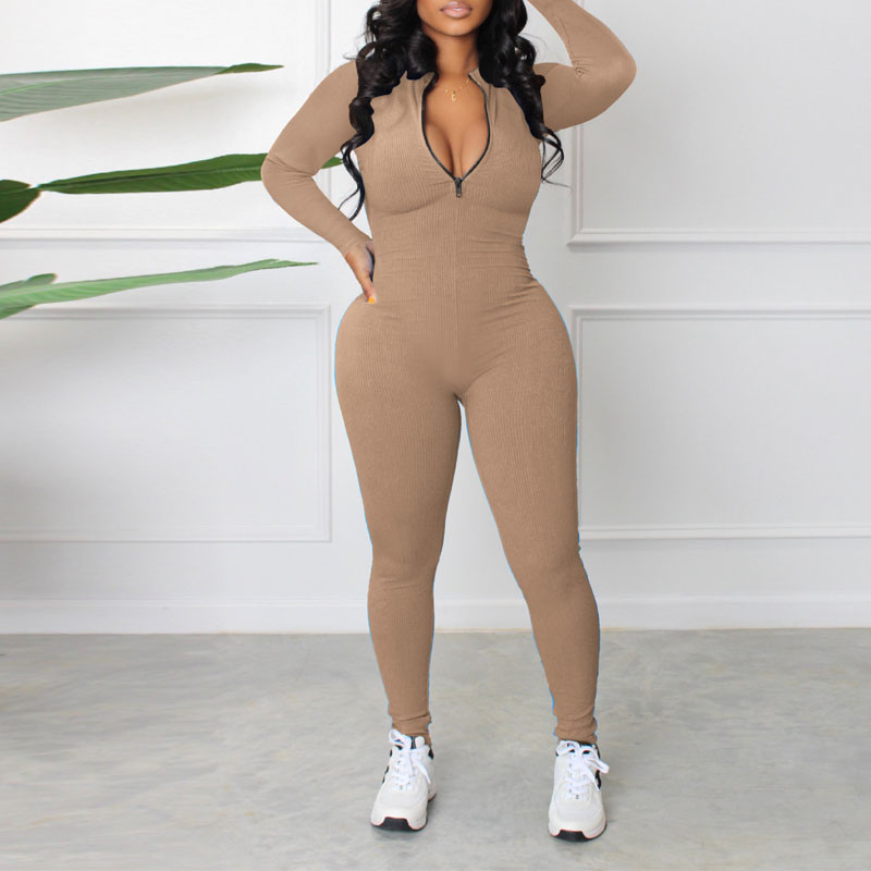 Solid Long Sleeve Zipper Design Skinny Jumpsuit