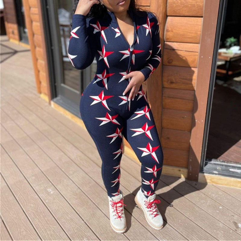 Print Long Sleeve Zipper Design Skinny Jumpsuit