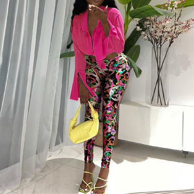 Solid Slit Sleeve Blouse & Print Pants Set