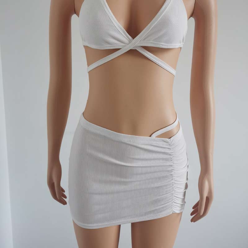 Solid Backless Bandage Two Piece Skirt Set