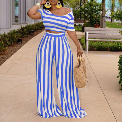 Striped Pattern Off Shoulder Crop Top & Wide Leg Pants Set