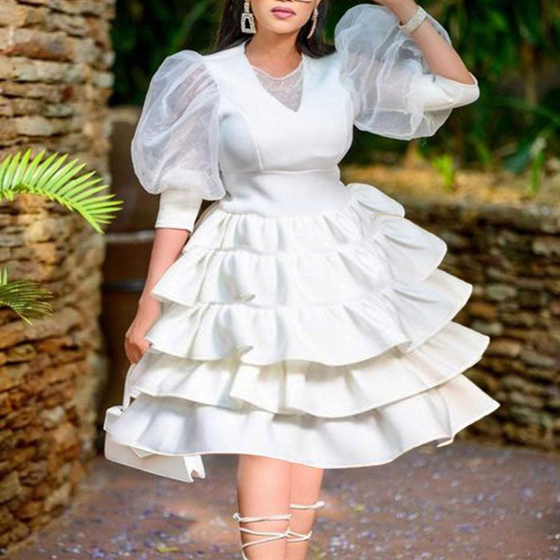 Solid Puff Sleeve High Waist Layered Dress