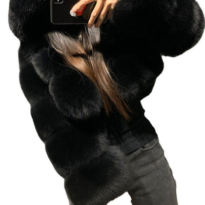 Solid Long Sleeve Hoodie Faux Fur Coat