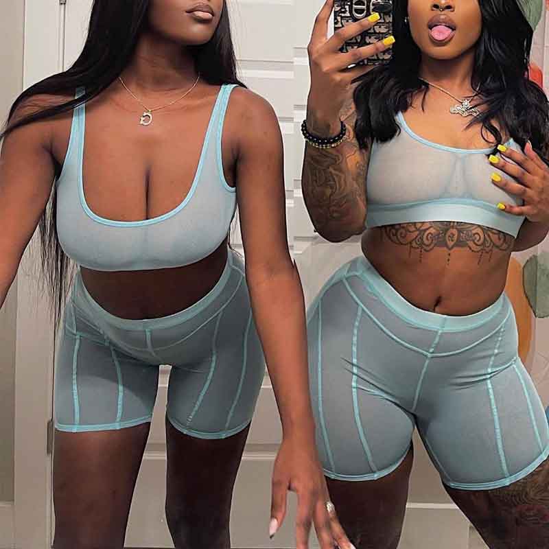 Solid Sheer Mesh 2PCS Shorts Set