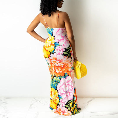 Floral Print V-Neck Sling Maxi Bodycon Dress