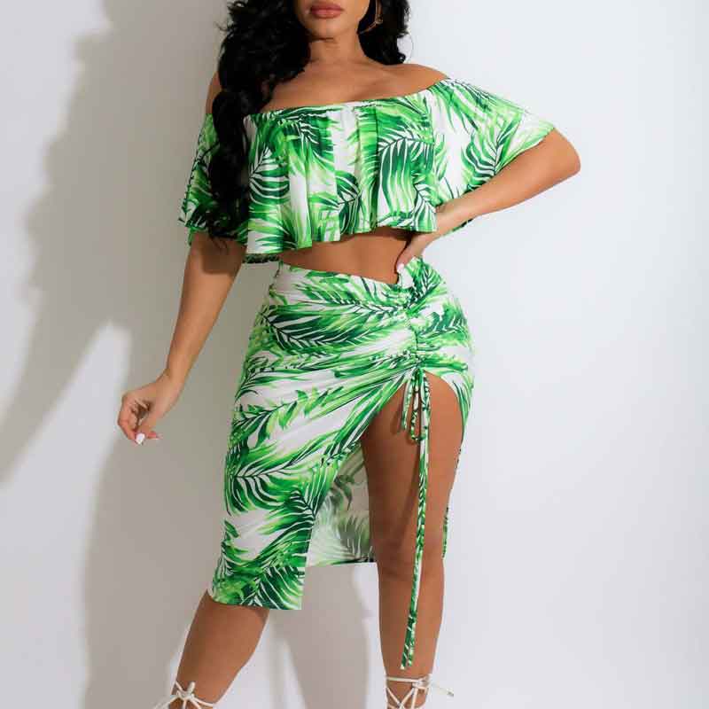 Leaf Print Off Shoulder Tube Top & Slit Skirt Set