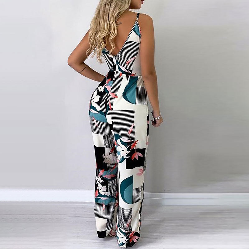 Floral Print Sleeveless Belted Jumpsuit