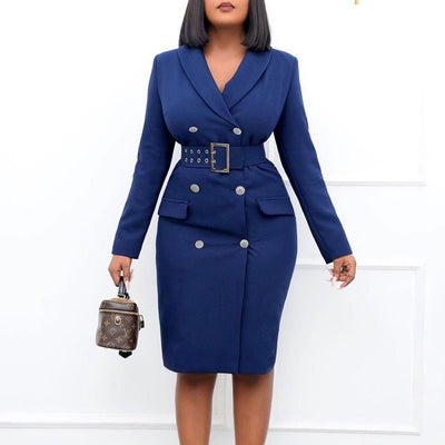 Solid V-Neck Long Sleeve Belted Blazer Dress