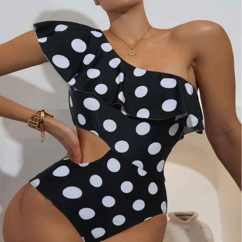 Polka Dot Print One Shoulder Cut Out One Piece Swimsuit