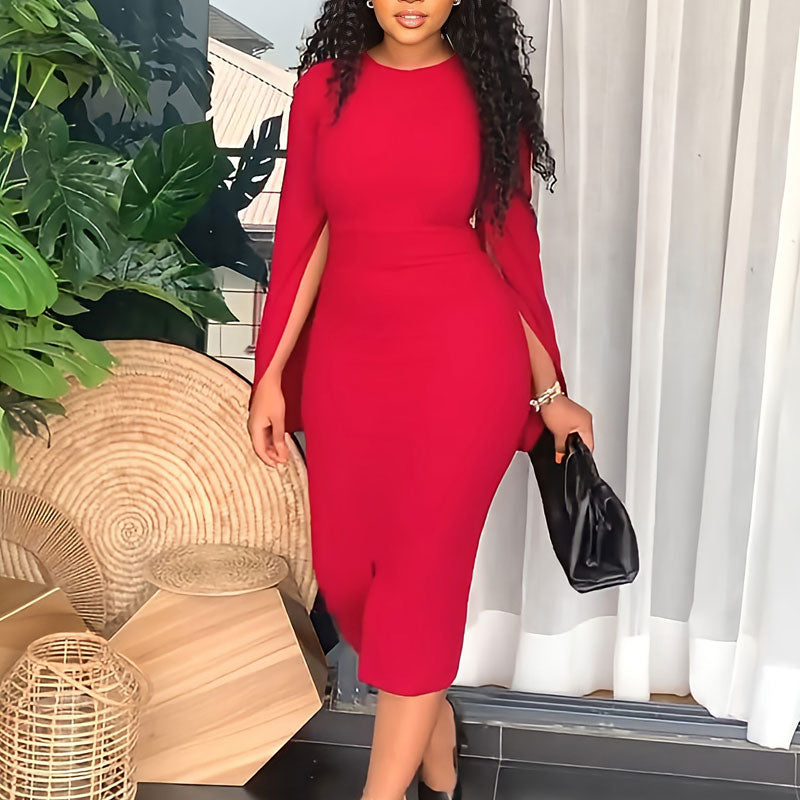 Solid Slit Sleeve Crew Neck Bodycon Dress