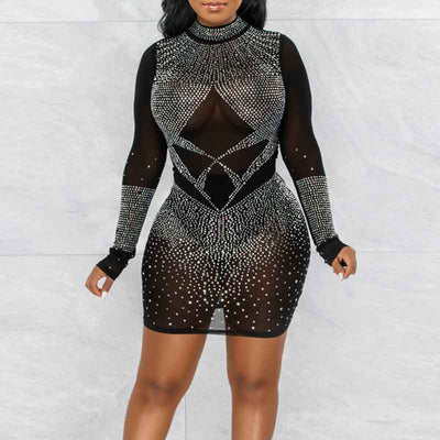 Rhinestone Long Sleeve Sheer Mesh Mini Dress