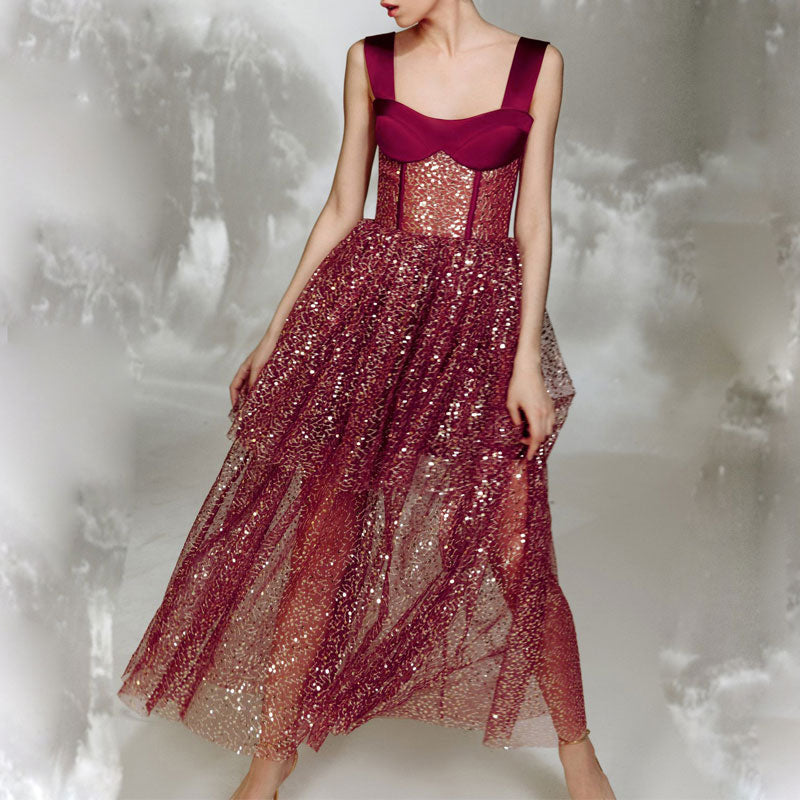 Sequins Sleeveless Spaghetti Strap Tulle Dress