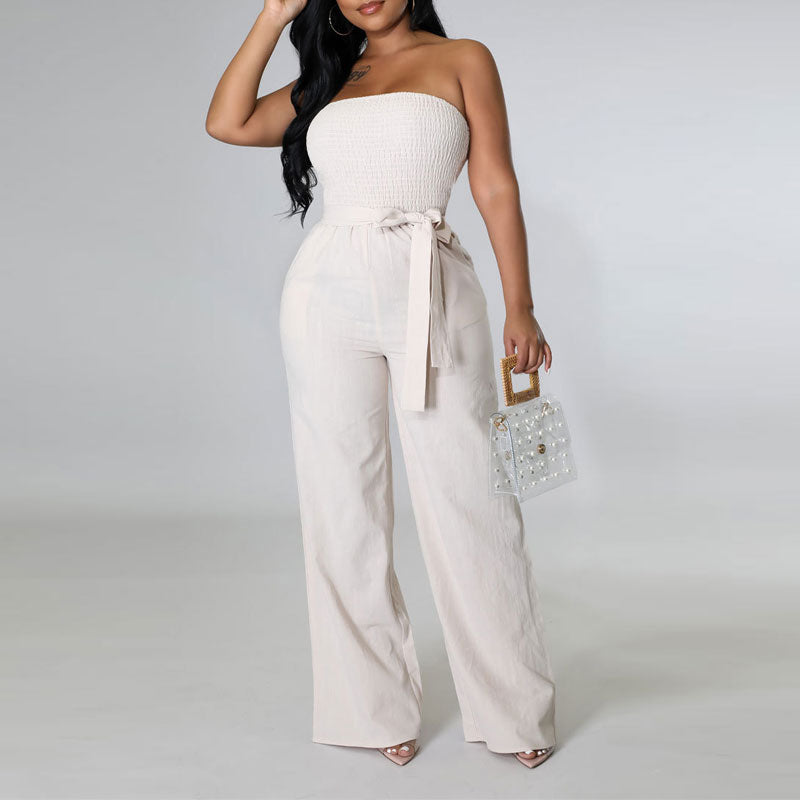 Solid Off Shoulder Belted Wide Leg Jumpsuit