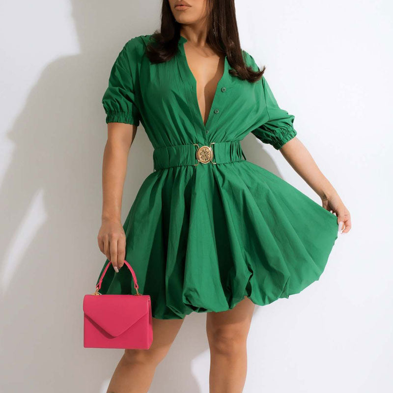 Solid Short Sleeve Button Detailed Bubble Puff Mini Dress