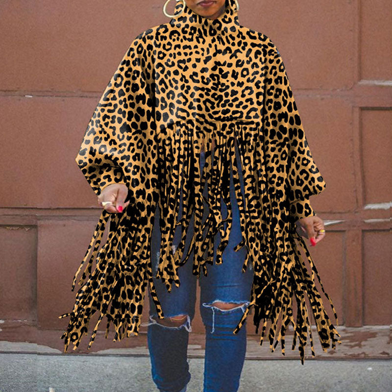 Leopard Print Long Sleeve Tassel Design Loose Top