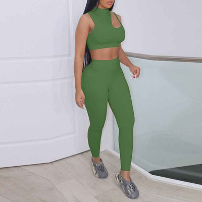 Solid Sleeveless Cut Out Crop Top & Pants Set