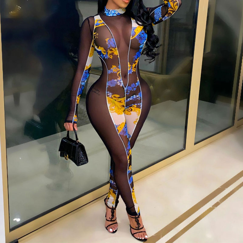 Print Long Sleeve Sheer Mesh Patchwork Jumpsuit