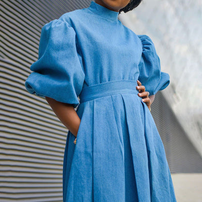 Solid Turtleneck Puff Sleeve A Line Midi Dress