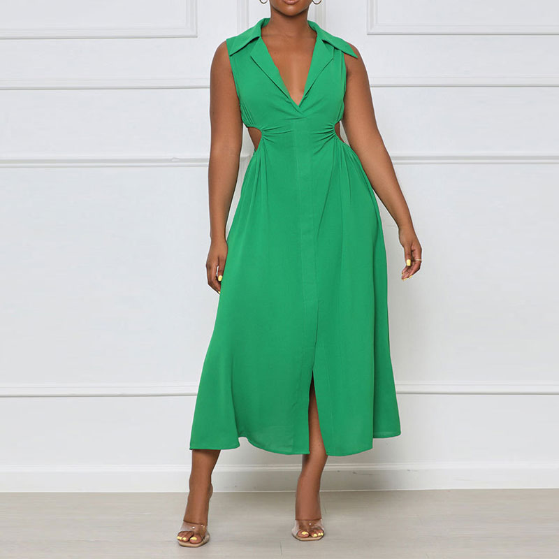 Solid V-Neck Sleeveless Cut Out Slit Maxi Dress