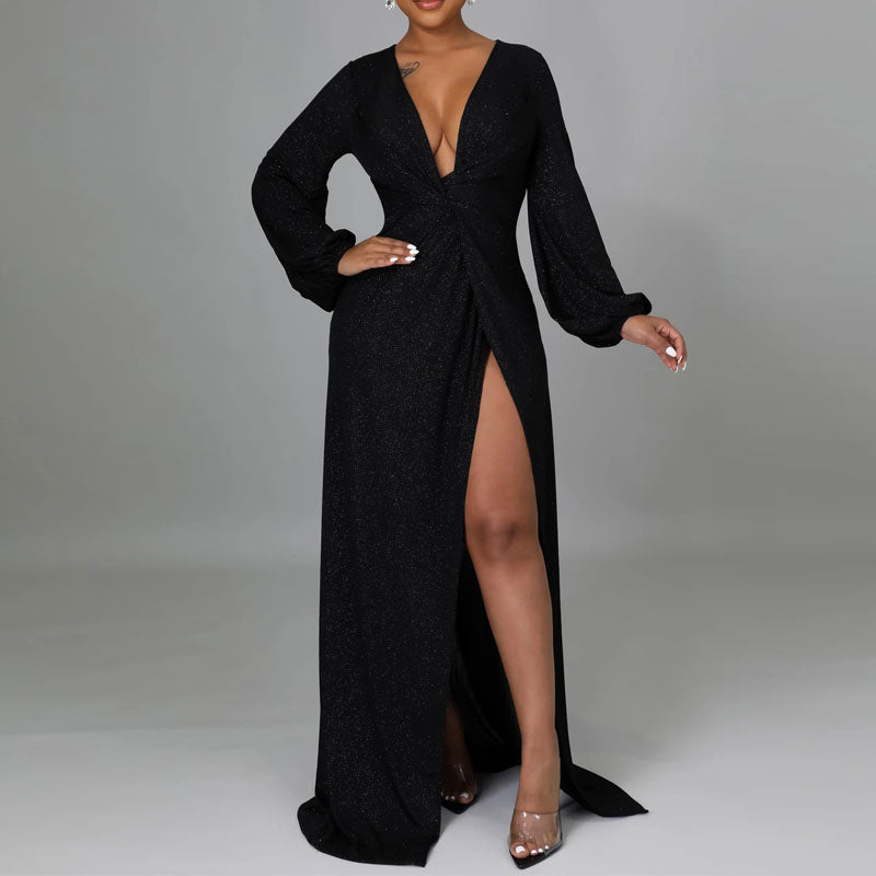 Glitter Deep V-Neck Long Sleeve High Slit Floor-Length Dress