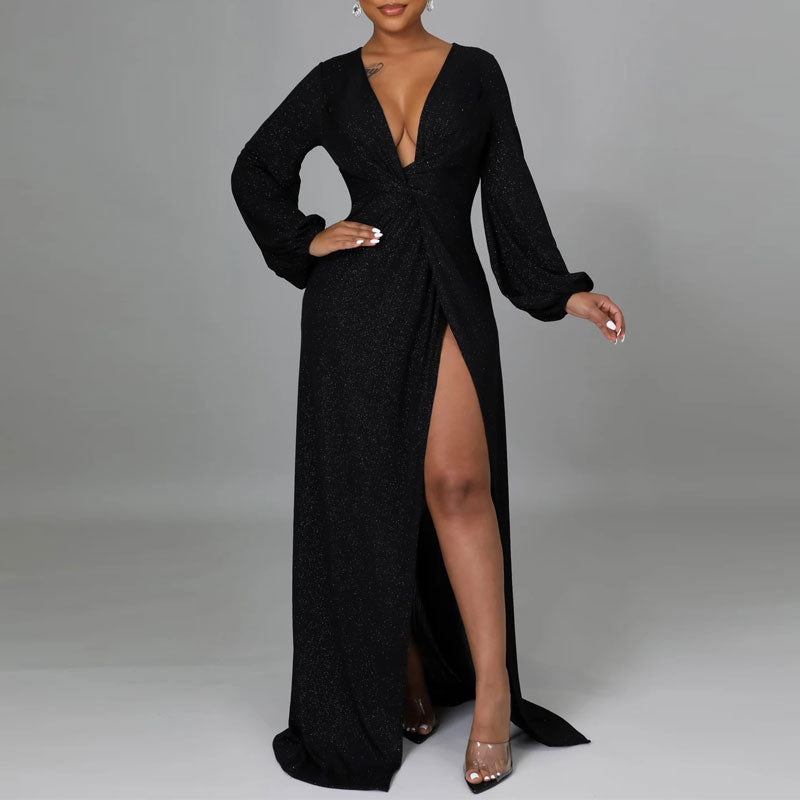 Glitter Deep V-Neck Long Sleeve High Slit Maxi Dress