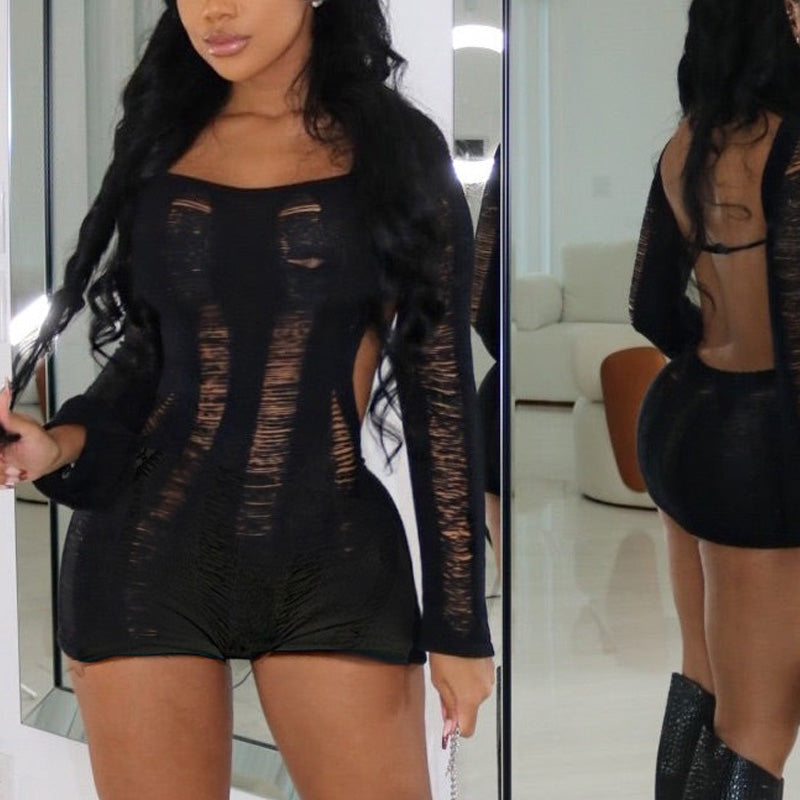 Solid Off Shoulder Cut Out Knitted Romper