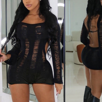 Solid Off Shoulder Cut Out Knitted Romper