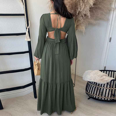 Solid Deep V-Neck Long Sleeve High Slit Maxi Dress