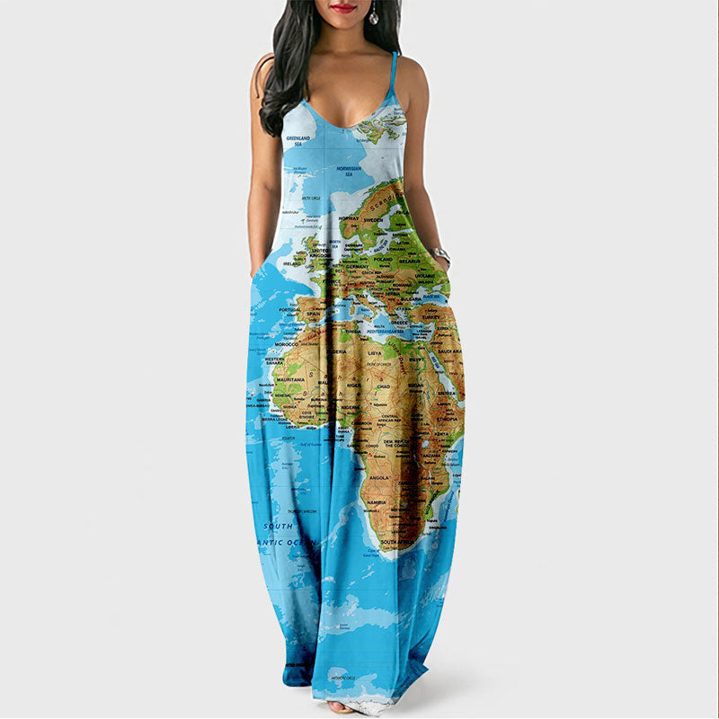 Map Print Sleeveless Loose Maxi Dress