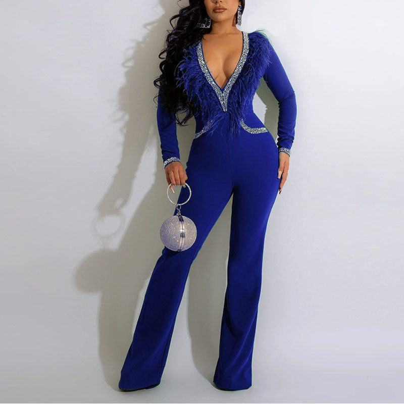 Rhinestone Deep V-Neck Feather Design Jumpsuit