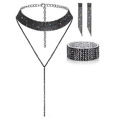 Rhinestone Tassel Design Necklace & Earrings & Bracelet Set