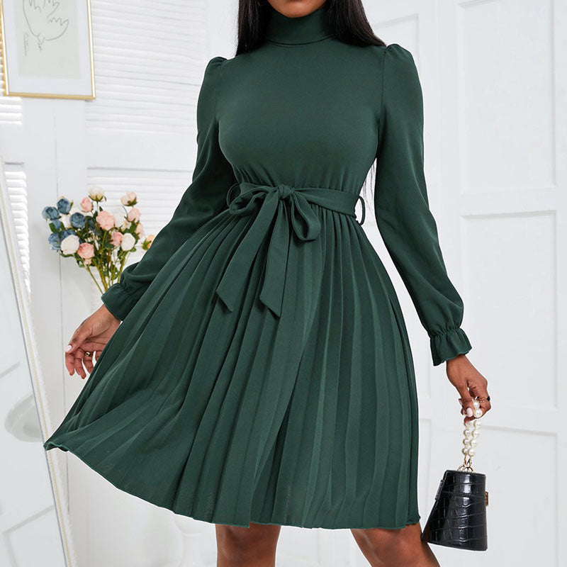 Christmas Long Sleeve Belted Pleated Dress