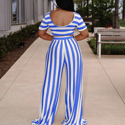 Striped Pattern Off Shoulder Crop Top & Wide Leg Pants Set