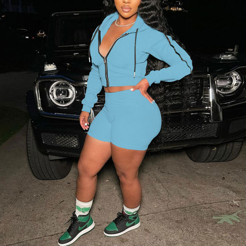 Solid Long Sleeve Hoodie Top & Shorts Set