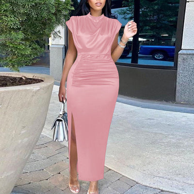 Solid Sleeveless Ruched High Slit Maxi Dress