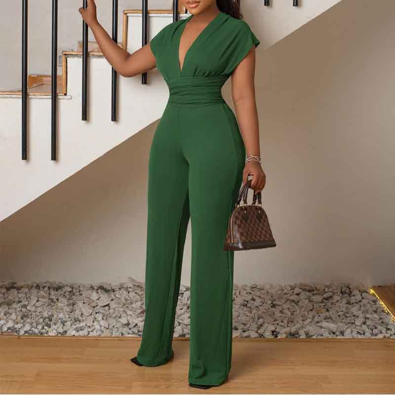 Solid Deep V-Neck Bandage Jumpsuit