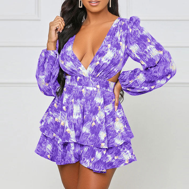 Print Deep V-Neck Long Sleeve Lace Up Bandage Mini Dress