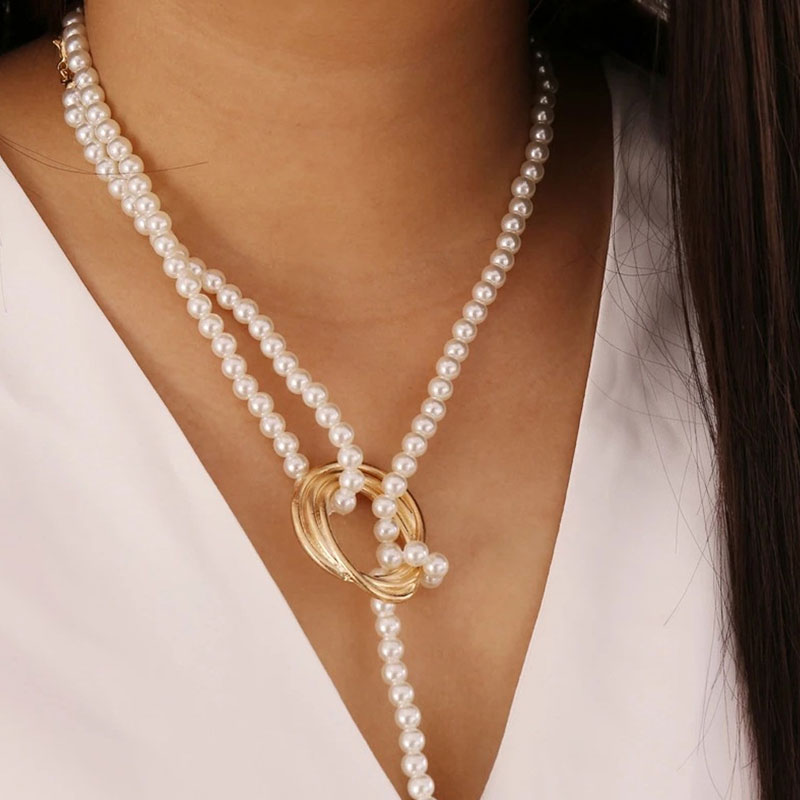 1PCS Faux Pearl Geo Coin Pattern Necklace