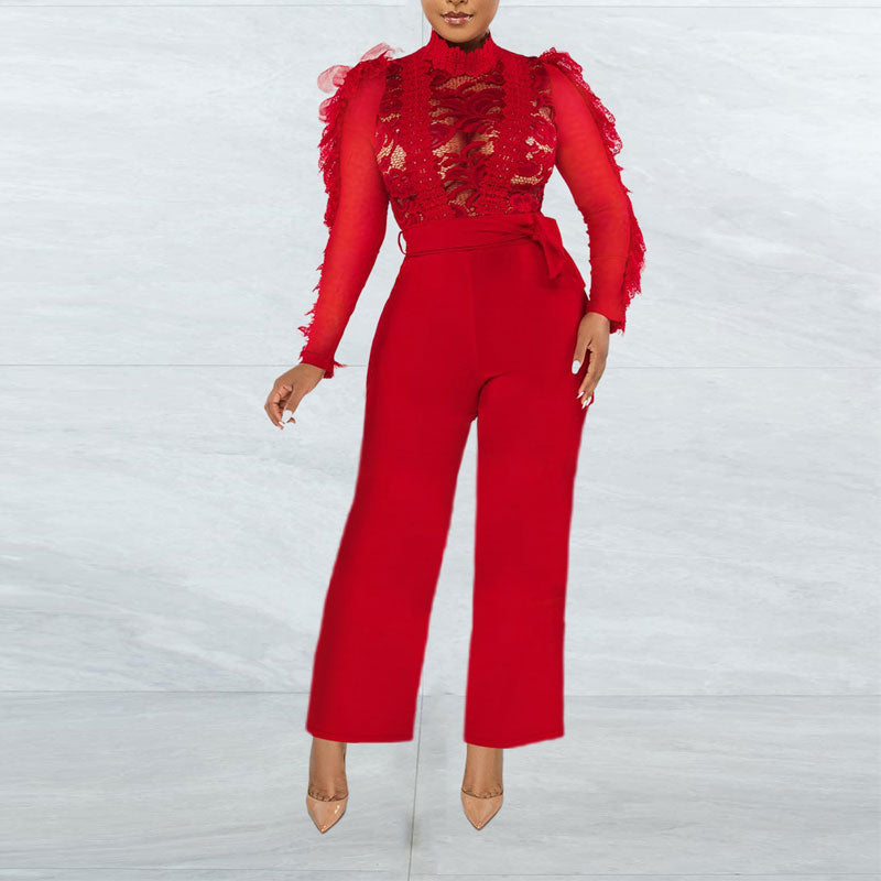 Solid Long Sleeve Lace Belted Jumpsuit