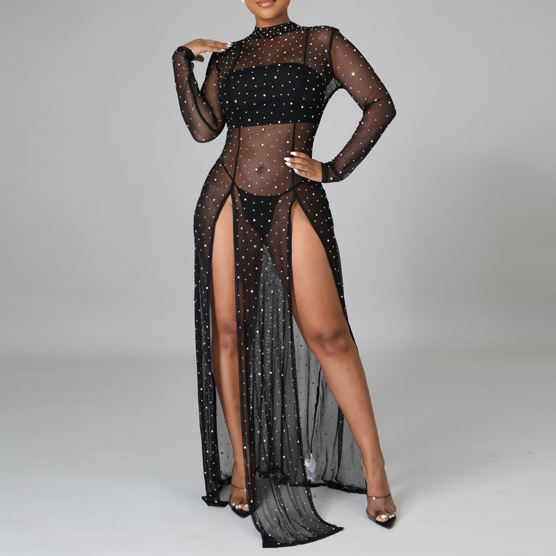 Rhinestone Long Sleeve Sheer Mesh High Slit Dress