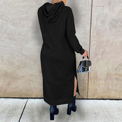 Solid Long Sleeve Slit Hoodie Sweater Dress