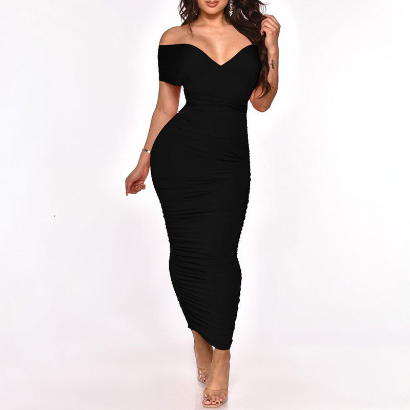 Solid V-Neck Off Shoulder Sleeveless Midi Dress