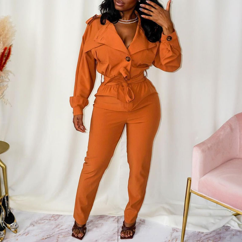 Solid V-Neck Long Sleeve Belted  Top & Pants Set