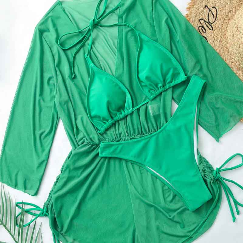 Solid Sheer Mesh 3PCS Swimsuit Set